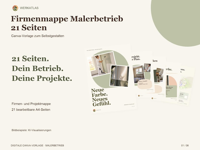 K&ouml;nnte beinhalten: Eine digitale Canva-Vorlage f&uuml;r eine Malerbetrieb-Firmenmappe mit 21 A4-Seiten. Das Dokument enth&auml;lt deutschen Text wie 'Firmenmappe Malerbetrieb 21 Seiten' und 'Neue Farbe. Neues Gef&uuml;hl.' sowie Abbildungen von verschiedenen Innenraum-Malprojekten.