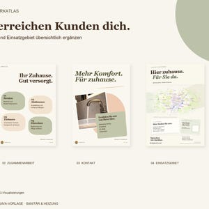 May include: A digital Canva template for plumbing and heating services featuring three informational pages with text in German, including headings like So erreichen Kunden dich, Ihr Zuhause, Mehr Komfort, and Hier zuhause.