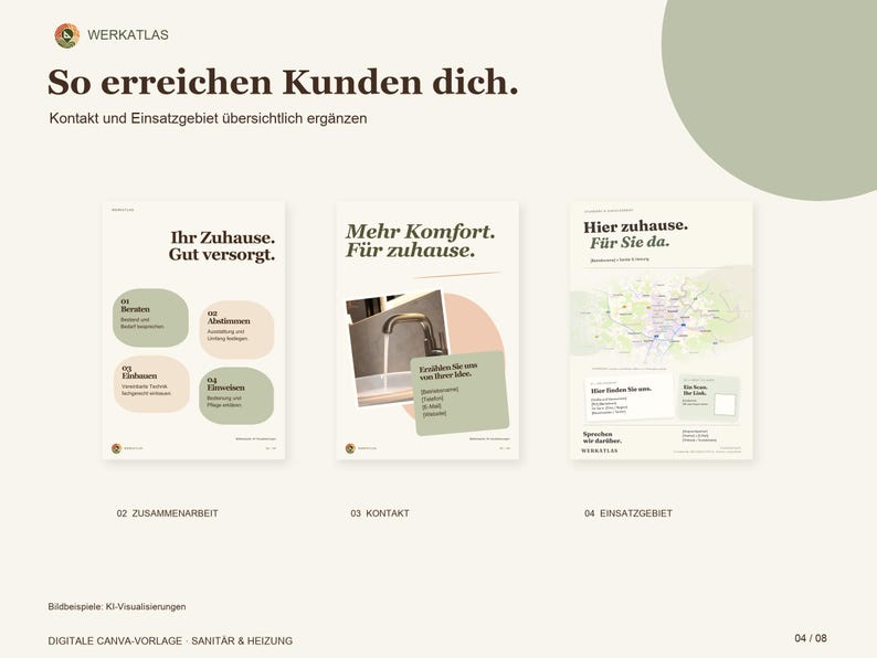 May include: A digital Canva template for plumbing and heating services featuring three informational pages with text in German, including headings like So erreichen Kunden dich, Ihr Zuhause, Mehr Komfort, and Hier zuhause.
