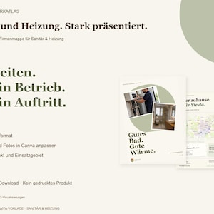 May include: A digital A4 brochure template for plumbing and heating businesses, featuring the text "Bad und Heizung. Stark pr&auml;sentiert." and "Gutes Bad. Gute W&auml;rme." with images of a technician and a bathroom interior.