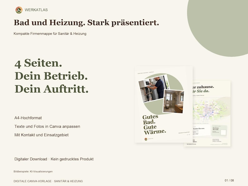 May include: A digital A4 brochure template for plumbing and heating businesses, featuring the text "Bad und Heizung. Stark pr&auml;sentiert." and "Gutes Bad. Gute W&auml;rme." with images of a technician and a bathroom interior.
