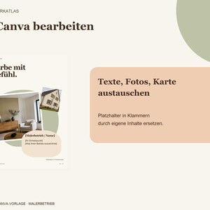 K&ouml;nnte beinhalten: Eine digitale Vorlage f&uuml;r Canva mit dem Text In Canva bearbeiten, Farbe mit Gef&uuml;hl und Texte, Fotos, Karte austauschen. Das Layout zeigt eine Vorschau eines Flyers mit einem Hausbild, einem Innenraumfoto und Platzhaltern f&uuml;r Firmendaten.