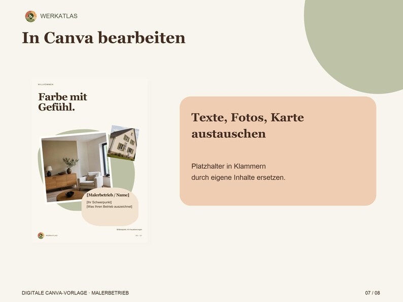 K&ouml;nnte beinhalten: Eine digitale Vorlage f&uuml;r Canva mit dem Text In Canva bearbeiten, Farbe mit Gef&uuml;hl und Texte, Fotos, Karte austauschen. Das Layout zeigt eine Vorschau eines Flyers mit einem Hausbild, einem Innenraumfoto und Platzhaltern f&uuml;r Firmendaten.