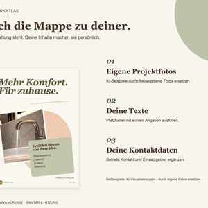 May include: A digital template for plumbing and heating services featuring the text Mach die Mappe zu deiner, Mehr Komfort. F&uuml;r zuhause, and instructions for adding project photos, text, and contact details with a faucet image.