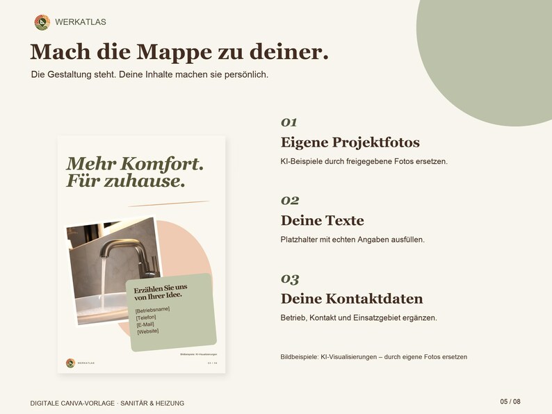May include: A digital template for plumbing and heating services featuring the text Mach die Mappe zu deiner, Mehr Komfort. F&uuml;r zuhause, and instructions for adding project photos, text, and contact details with a faucet image.
