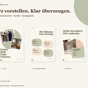 May include: A digital Canva template for plumbing and heating services featuring three pages with text in German. The layout includes sections titled Kurz vorstellen, Klar &uuml;berzeugen, Gutes Bad, Gute W&auml;rme, Ihr Zuhause, Gut versorgt, and Mehr Komfort, F&uuml;r zuhause, with integrated photos of a technician and a bathroom sink.