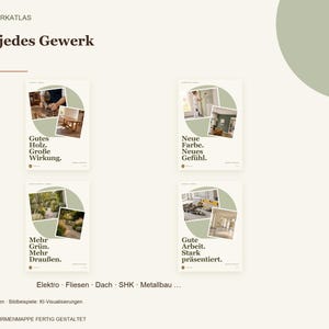 Op de afbeelding: Een presentatiedocument getiteld WERK ATLAS met de kop F&uuml;r jedes Gewerk. Het bevat vier secties met foto-invoegingen en tekst: Gutes Holz. Gro&szlig;e Wirkung., Neue Farbe. Neues Gef&uuml;hl., Mehr Gr&uuml;n. Mehr Drau&szlig;en. en Gute Arbeit. Stark pr&auml;sentiert. Onderaan staan Elektro, Fliesen, Dach, SHK, Metallbau en paginanummer 04/06.