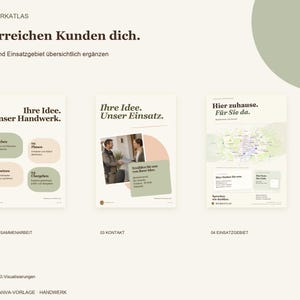 K&ouml;nnte beinhalten: Drei digitale Vorlagen auf cremefarbenem Hintergrund mit dem Text 'So erreichen Kunden dich.' und 'WERKATLAS'. Die Designs enthalten Abschnitte mit den Titeln 'Ihre Idee. Unser Handwerk.', 'Ihre Idee. Unser Einsatz.' und 'Hier zuhause. F&uuml;r Sie da.' sowie verschiedene Symbole, Textfelder und eine Kartengrafik.