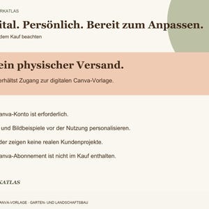Op de afbeelding: Een digitale informatiegrafiek met een cr&egrave;mekleurige achtergrond en een saliegroene cirkel. De tekst luidt: Digital. Pers&ouml;nlich. Bereit zum Anpassen. Bitte vor dem Kauf beachten. Kein physischer Versand. Du erh&auml;ltst Zugang zur digitalen Canva-Vorlage.