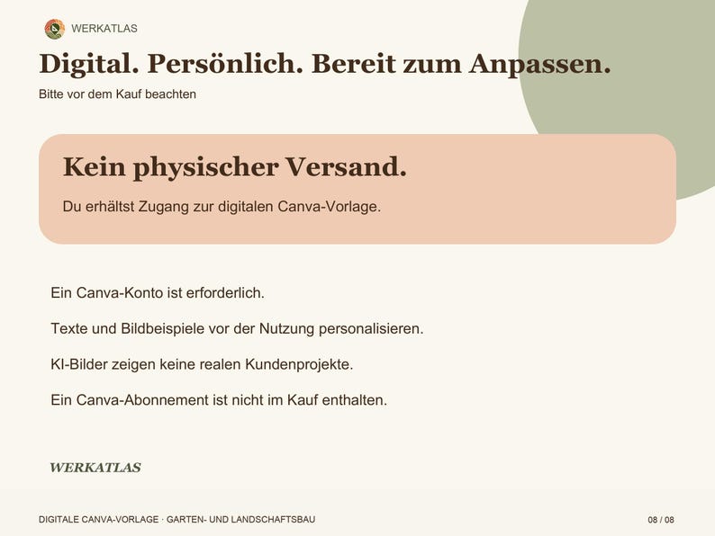 Op de afbeelding: Een digitale informatiegrafiek met een cr&egrave;mekleurige achtergrond en een saliegroene cirkel. De tekst luidt: Digital. Pers&ouml;nlich. Bereit zum Anpassen. Bitte vor dem Kauf beachten. Kein physischer Versand. Du erh&auml;ltst Zugang zur digitalen Canva-Vorlage.