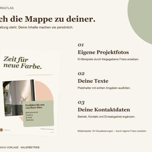 Op de afbeelding: Een digitaal sjabloon voor een schildersbedrijf met de tekst Mach die Mappe zu deiner, Zeit f&uuml;r neue Farbe en Erz&auml;hlen Sie uns von Ihrer Idee. De lay-out bevat secties voor projectfoto's, eigen teksten en contactgegevens.