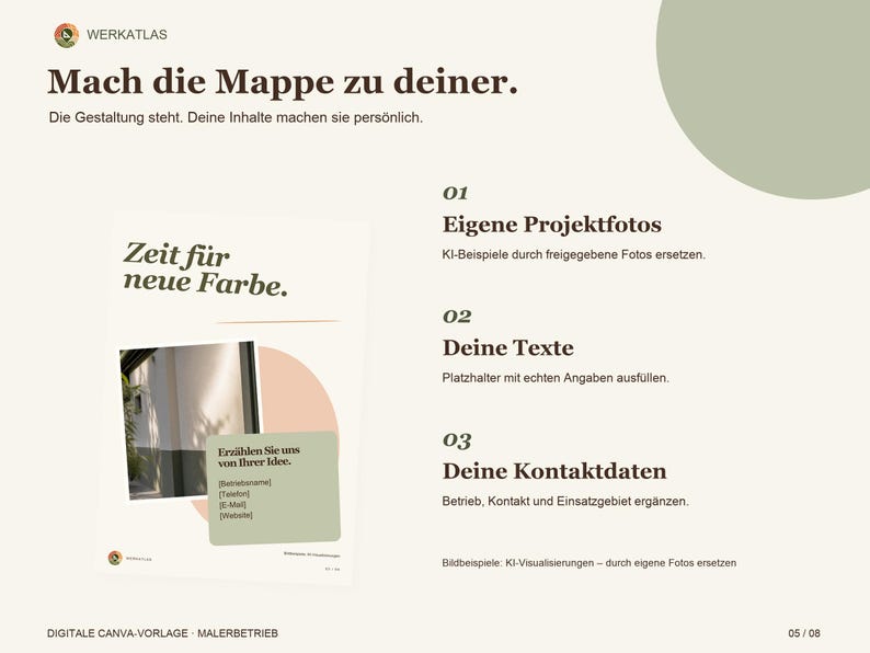 Op de afbeelding: Een digitaal sjabloon voor een schildersbedrijf met de tekst Mach die Mappe zu deiner, Zeit f&uuml;r neue Farbe en Erz&auml;hlen Sie uns von Ihrer Idee. De lay-out bevat secties voor projectfoto's, eigen teksten en contactgegevens.