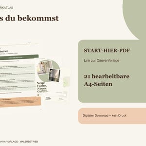 K&ouml;nnte beinhalten: Ein digitales Vorlagenset f&uuml;r einen Malerbetrieb mit dem Text Was du bekommst, START-HIER-PDF, 21 bearbeitbare A4-Seiten und Neue Farbe. Neues Gef&uuml;hl. Das Layout enth&auml;lt Dokumentenvorschauen, ein gr&uuml;nes abgerundetes Rechteck und einen pfirsichfarbenen Button.
