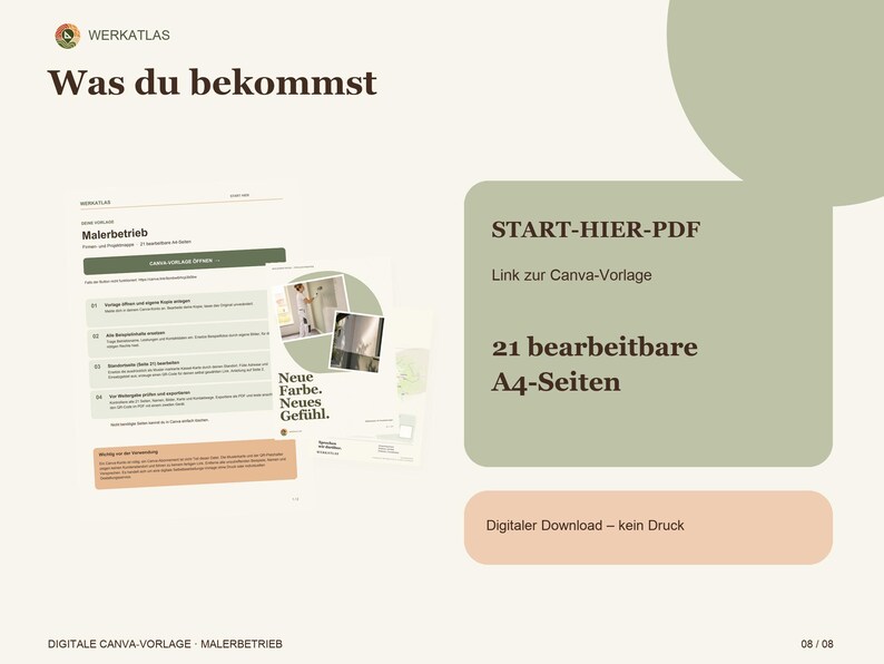 K&ouml;nnte beinhalten: Ein digitales Vorlagenset f&uuml;r einen Malerbetrieb mit dem Text Was du bekommst, START-HIER-PDF, 21 bearbeitbare A4-Seiten und Neue Farbe. Neues Gef&uuml;hl. Das Layout enth&auml;lt Dokumentenvorschauen, ein gr&uuml;nes abgerundetes Rechteck und einen pfirsichfarbenen Button.