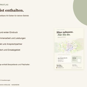 K&ouml;nnte beinhalten: Eine digitale A4-Vorlage f&uuml;r Betriebe mit dem Text Das ist enthalten, Vier bearbeitbare A4-Seiten f&uuml;r deinen Betrieb sowie einer Vorschau eines Dokuments mit dem Titel Hier zuhause. F&uuml;r Sie da. inklusive einer Landkarte.