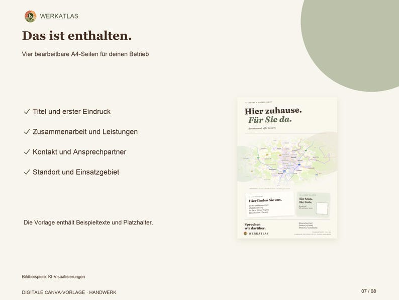 K&ouml;nnte beinhalten: Eine digitale A4-Vorlage f&uuml;r Betriebe mit dem Text Das ist enthalten, Vier bearbeitbare A4-Seiten f&uuml;r deinen Betrieb sowie einer Vorschau eines Dokuments mit dem Titel Hier zuhause. F&uuml;r Sie da. inklusive einer Landkarte.