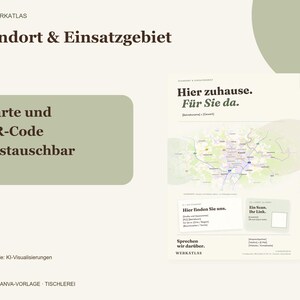 K&ouml;nnte beinhalten: Eine digitale Vorlage f&uuml;r einen Gesch&auml;ftsflyer mit dem Text Standort & Einsatzgebiet, Karte und QR-Code austauschbar, Hier zuhause. F&uuml;r Sie da., Hier finden Sie uns., Ein Scan. Ihr Link., und Sprechen wir dar&uuml;ber. WERK ATLAS.