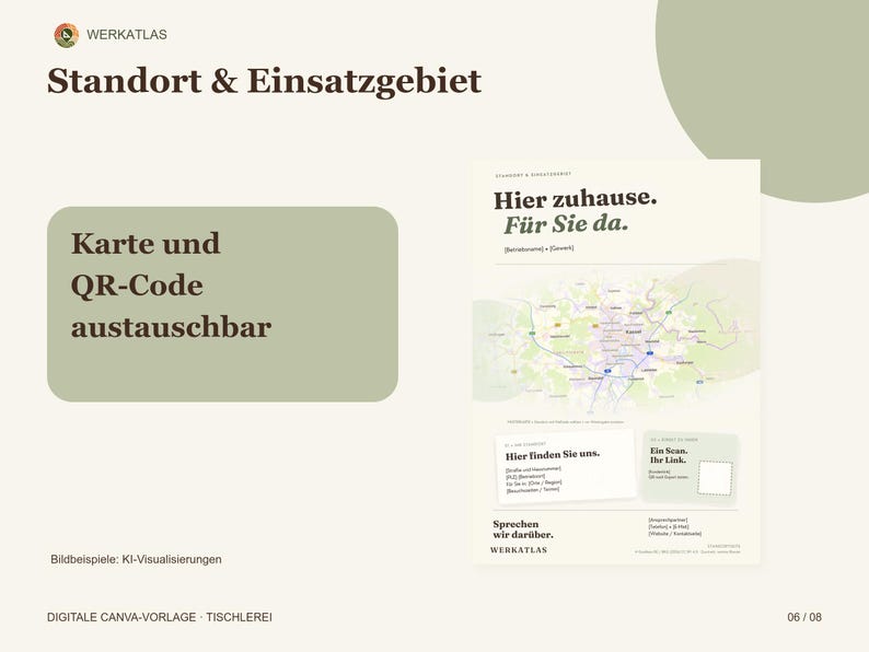 K&ouml;nnte beinhalten: Eine digitale Vorlage f&uuml;r einen Gesch&auml;ftsflyer mit dem Text Standort & Einsatzgebiet, Karte und QR-Code austauschbar, Hier zuhause. F&uuml;r Sie da., Hier finden Sie uns., Ein Scan. Ihr Link., und Sprechen wir dar&uuml;ber. WERK ATLAS.