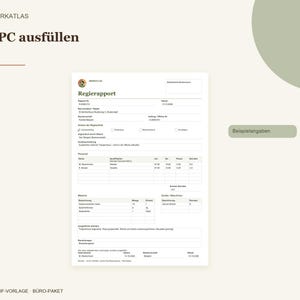 May include: A digital PDF template titled Regierapport with sections for project details, personnel hours, materials, and equipment usage. The document includes fields for names, dates, and descriptions, with the text Am PC ausf&uuml;llen at the top.