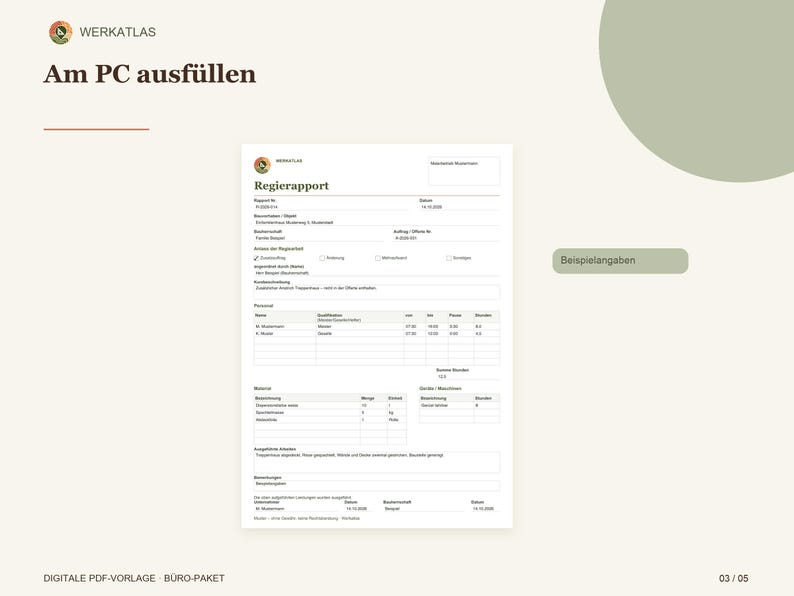 May include: A digital PDF template titled Regierapport with sections for project details, personnel hours, materials, and equipment usage. The document includes fields for names, dates, and descriptions, with the text Am PC ausf&uuml;llen at the top.