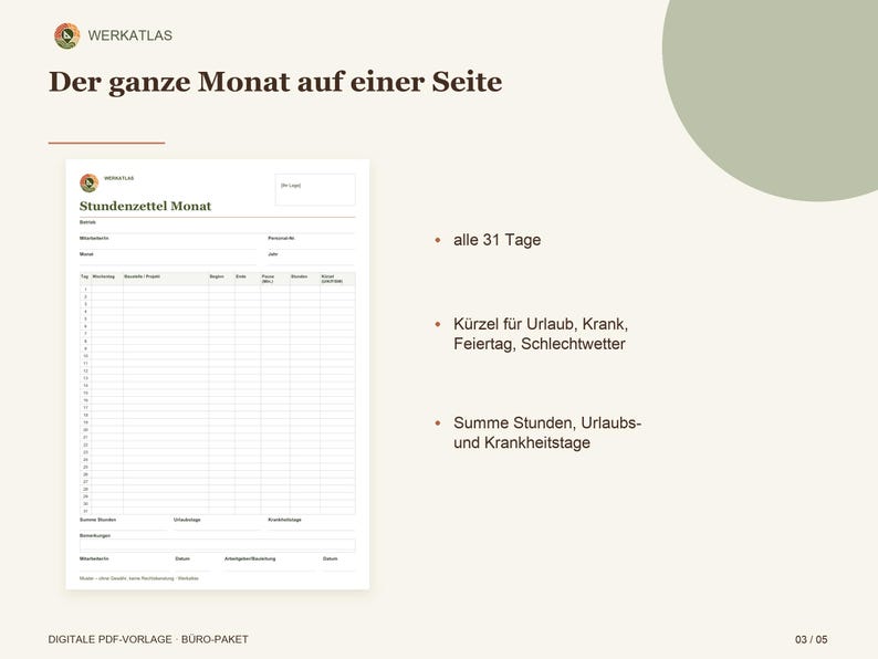 Modèle de feuille de temps PDF (à remplir) | Semaine + Mois pour les chantiers et les corps de métiers | Feuille de temps A4 imprimable image 3