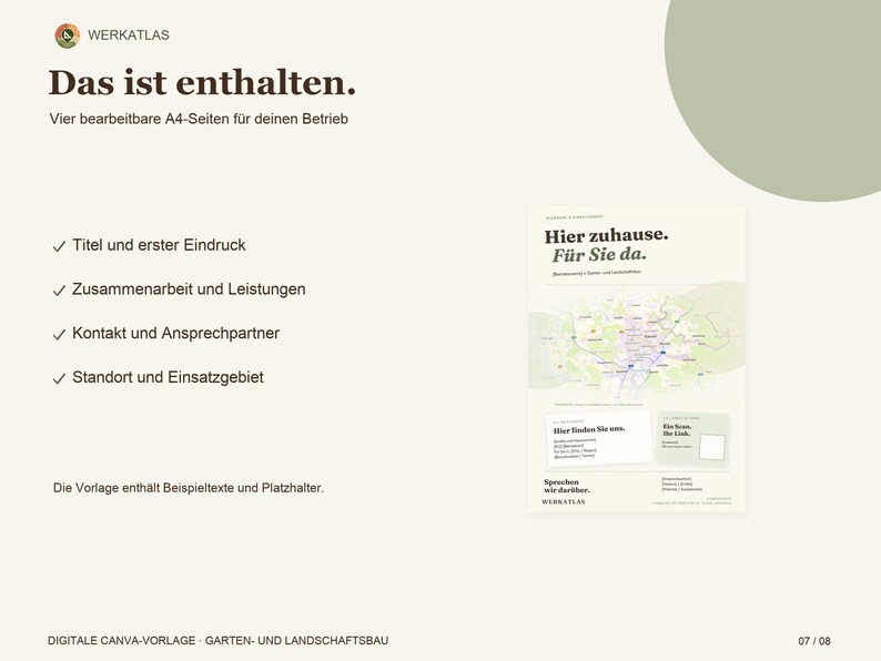 Op de afbeelding: Een digitaal sjabloon voor zakelijke documenten met de tekst Das ist enthalten, Vier bearbeitbare A4-Seiten f&uuml;r deinen Betrieb en een voorbeeld van een flyer getiteld Hier zuhause. F&uuml;r Sie da. met een kaartafbeelding en contactgegevens.