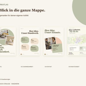 K&ouml;nnte beinhalten: Eine digitale Pr&auml;sentationsvorlage f&uuml;r Handwerksbetriebe mit vier Seiten unter dem Titel Ein Blick in die ganze Mappe. Das Layout enth&auml;lt deutschen Text, Akzente in Salbeigr&uuml;n und Pfirsich sowie fotografische Bilder von Bauarbeiten.
