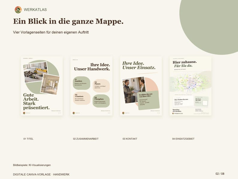 K&ouml;nnte beinhalten: Eine digitale Pr&auml;sentationsvorlage f&uuml;r Handwerksbetriebe mit vier Seiten unter dem Titel Ein Blick in die ganze Mappe. Das Layout enth&auml;lt deutschen Text, Akzente in Salbeigr&uuml;n und Pfirsich sowie fotografische Bilder von Bauarbeiten.