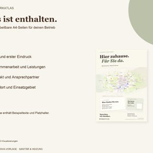 May include: A digital Canva template for plumbing and heating businesses featuring the text Das ist enthalten, Vier bearbeitbare A4-Seiten f&uuml;r deinen Betrieb, and a preview of a document titled Hier zuhause. F&uuml;r Sie da with a map graphic.