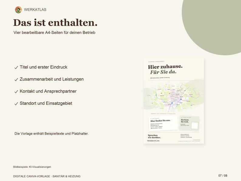 May include: A digital Canva template for plumbing and heating businesses featuring the text Das ist enthalten, Vier bearbeitbare A4-Seiten f&uuml;r deinen Betrieb, and a preview of a document titled Hier zuhause. F&uuml;r Sie da with a map graphic.