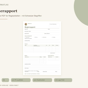 May include: A digital A4 PDF template titled Regierapport featuring fields for project details, personnel, materials, and equipment. The document includes a logo placeholder and is designed for electronic completion or printing.