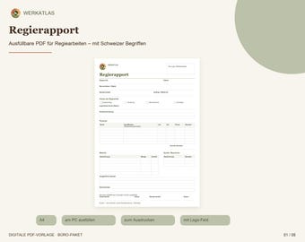 Site report template (PDF, fillable) | Construction site report A4 with logo field | Printable report for tradespeople in Switzerland