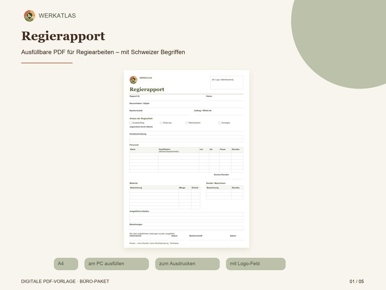 May include: A digital A4 PDF template titled Regierapport featuring fields for project details, personnel, materials, and equipment. The document includes a logo placeholder and is designed for electronic completion or printing.