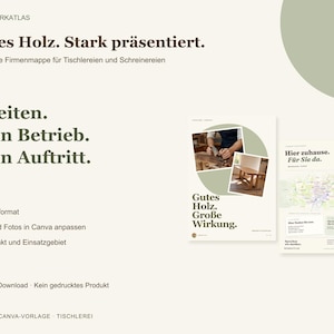 May include: A digital four-page A4 portrait company folder template for carpentry businesses. The design features the text Gutes Holz. Stark pr&auml;sentiert. and includes placeholders for photos of woodworking and a map for contact information.