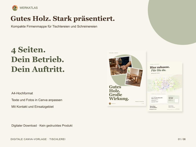 May include: A digital four-page A4 portrait company folder template for carpentry businesses. The design features the text Gutes Holz. Stark pr&auml;sentiert. and includes placeholders for photos of woodworking and a map for contact information.
