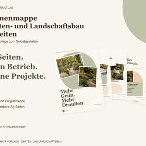 K&ouml;nnte beinhalten: Eine digitale Firmenmappe-Vorlage f&uuml;r den Garten- und Landschaftsbau mit 21 bearbeitbaren A4-Seiten. Das Design enth&auml;lt deutschen Text, Gartenfotografien und hellgr&uuml;ne Akzente. Die Ansicht zeigt mehrere Seitenvorschauen mit dem Titel Firmenmappe Garten- und Landschaftsbau.