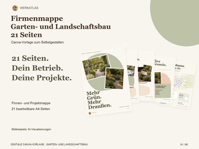 K&ouml;nnte beinhalten: Eine digitale Firmenmappe-Vorlage f&uuml;r den Garten- und Landschaftsbau mit 21 bearbeitbaren A4-Seiten. Das Design enth&auml;lt deutschen Text, Gartenfotografien und hellgr&uuml;ne Akzente. Die Ansicht zeigt mehrere Seitenvorschauen mit dem Titel Firmenmappe Garten- und Landschaftsbau.