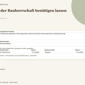 May include: A digital document template titled Von der Bauherrschaft best&auml;tigen lassen, featuring sections for Ausgef&uuml;hrte Arbeiten, Bemerkungen, and signature fields for Unternehmer and Bauherrschaft with the date 14.10.2026.