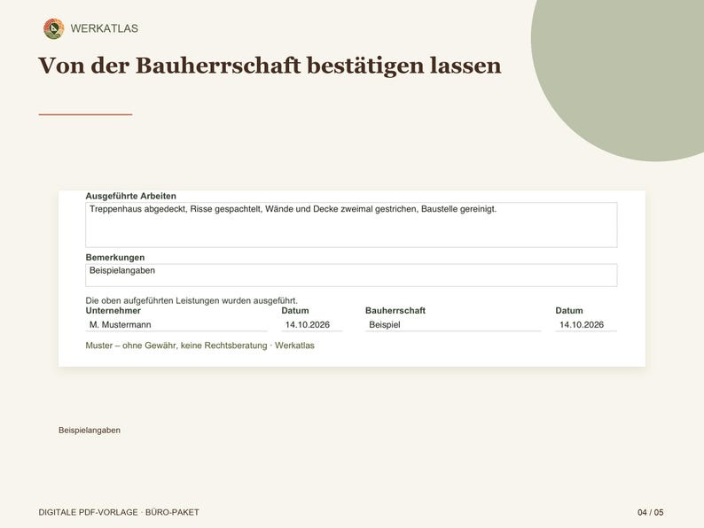 May include: A digital document template titled Von der Bauherrschaft best&auml;tigen lassen, featuring sections for Ausgef&uuml;hrte Arbeiten, Bemerkungen, and signature fields for Unternehmer and Bauherrschaft with the date 14.10.2026.