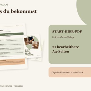 K&ouml;nnte beinhalten: Eine digitale Dokumentenvorlage f&uuml;r eine Tischlerei mit dem Titel Was du bekommst, inklusive START-HIER-PDF-Button, Link zur Canva-Vorlage und 21 bearbeitbaren A4-Seiten. Das Layout enth&auml;lt Text, ein kleines Bild von Holzarbeiten und einen Hinweis zum digitalen Download.