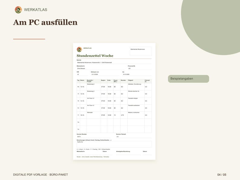 Modèle de feuille de temps PDF (à remplir) | Semaine + Mois pour les chantiers et les corps de métiers | Feuille de temps A4 imprimable image 4