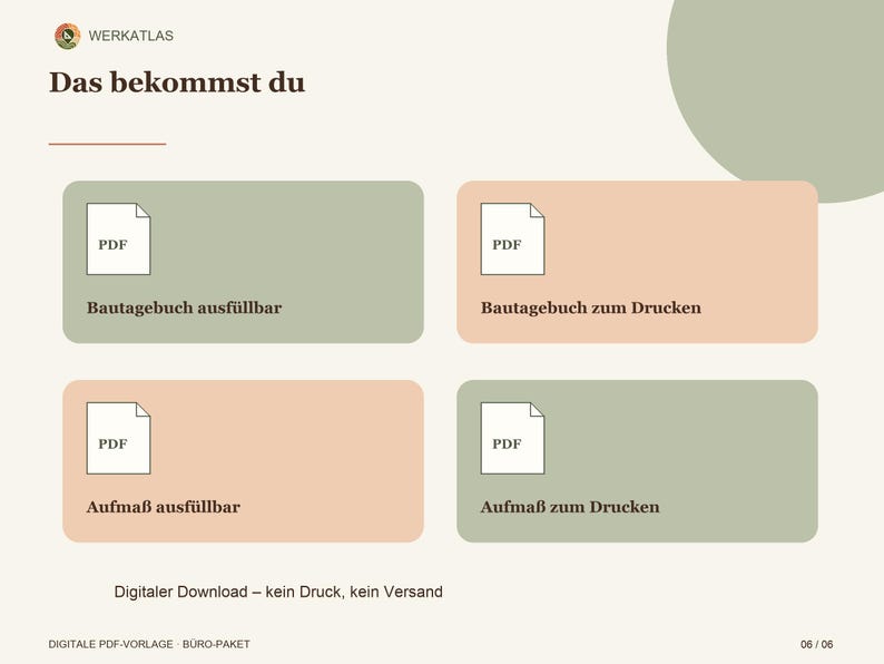 Puede incluir: Un conjunto de documentos digitales con el texto Das bekommst du, Bautagebuch ausf&uuml;llbar, Bautagebuch zum Drucken, Aufma&szlig; ausf&uuml;llbar y Aufma&szlig; zum Drucken. El dise&ntilde;o incluye cuatro cajas rectangulares en verde salvia y melocot&oacute;n con iconos PDF.