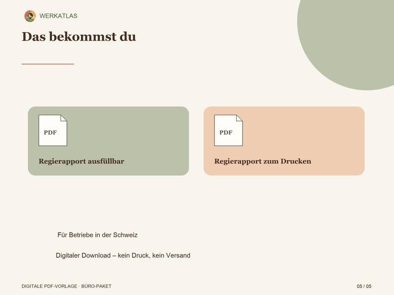 May include: A digital document template set featuring the text Das bekommst du, Regierapport ausf&uuml;llbar, and Regierapport zum Drucken. The layout includes two rectangular boxes in sage green and peach, each displaying a PDF icon.