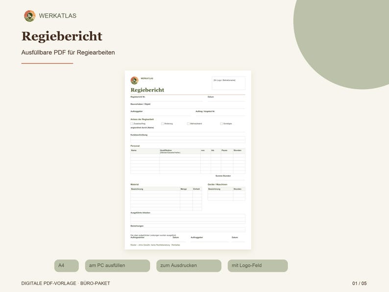 Site manager's report template (fillable PDF) | Construction site timesheet (A4) with logo field | Printable form for tradespeople image 1