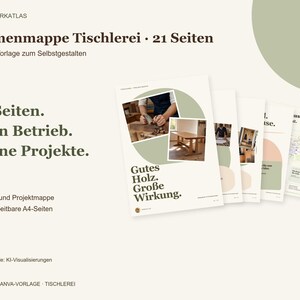 Könnte beinhalten: Eine digitale Canva-Vorlage für eine 21-seitige Firmenmappe für eine Tischlerei. Das Layout enthält Text auf Deutsch, darunter 'Firmenmappe Tischlerei', '21 Seiten', 'Dein Betrieb', 'Deine Projekte' und 'Gutes Holz. Große Wirkung.'