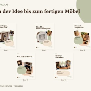 K&ouml;nnte beinhalten: Eine digitale Canva-Vorlage f&uuml;r eine Tischlerei mit dem Titel Von der Idee bis zum fertigen M&ouml;bel. Sie enth&auml;lt f&uuml;nf verschiedene Seiten mit Text, Fotos von Holzprojekten und grafischen Formen in sanften Beige- und Salbeigr&uuml;nt&ouml;nen.