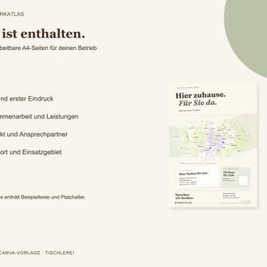 May include: A digital A4 template for a carpentry business titled Das ist enthalten. It features four editable pages including sections for title, collaboration, contact, and location. The document includes a map graphic and placeholders.