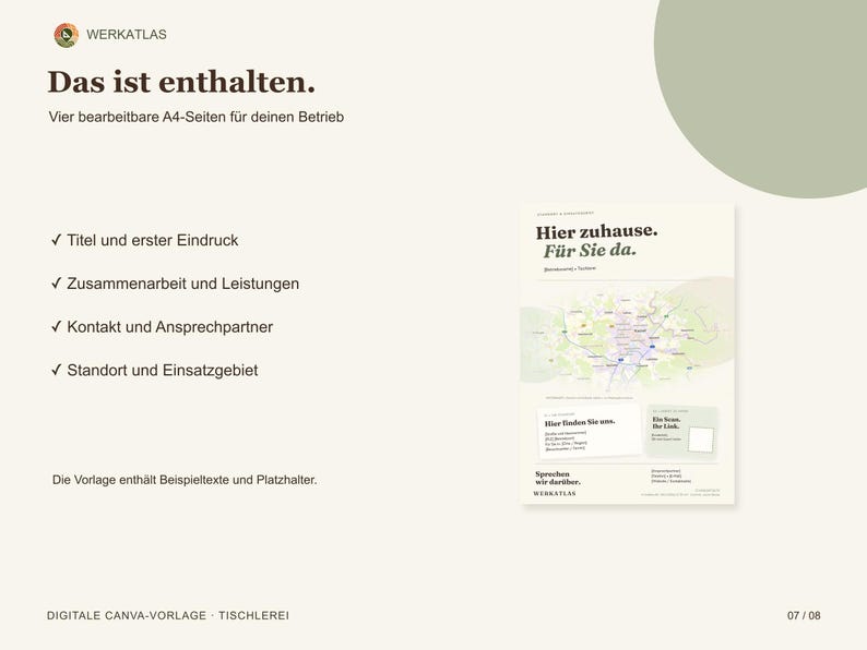 May include: A digital A4 template for a carpentry business titled Das ist enthalten. It features four editable pages including sections for title, collaboration, contact, and location. The document includes a map graphic and placeholders.