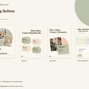 Op de afbeelding: Een vierpagina brochure-indeling getiteld Die 4 Seiten van Werkatlas. De pagina's bevatten tekst en afbeeldingen, waaronder bouwplaatsfoto's, een processtroom, contactgegevens en een regionale kaart, alles gepresenteerd in een neutraal kleurenpalet.