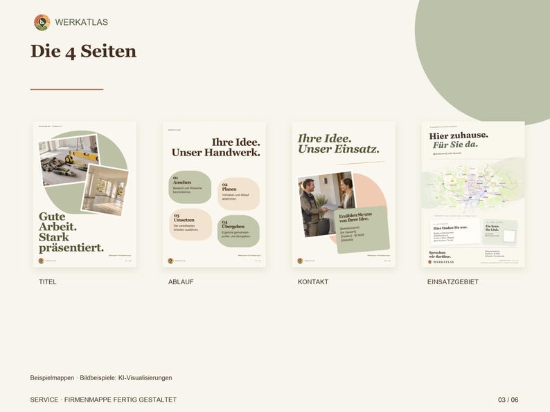 Op de afbeelding: Een vierpagina brochure-indeling getiteld Die 4 Seiten van Werkatlas. De pagina's bevatten tekst en afbeeldingen, waaronder bouwplaatsfoto's, een processtroom, contactgegevens en een regionale kaart, alles gepresenteerd in een neutraal kleurenpalet.